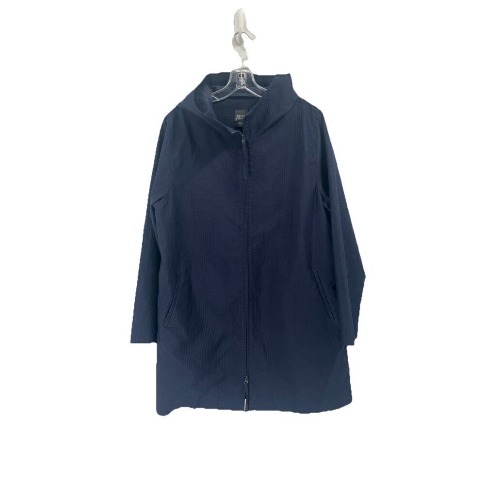 Eileen Fisher Long Line Seersucker Hooded Jacket Navy Blue Quiet Luxury Sz S